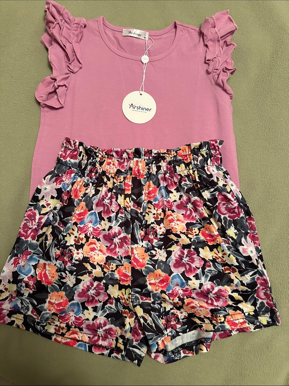 Arshiner Girls' Pink Ruffle Sleeve Top with Floral Shorts Set